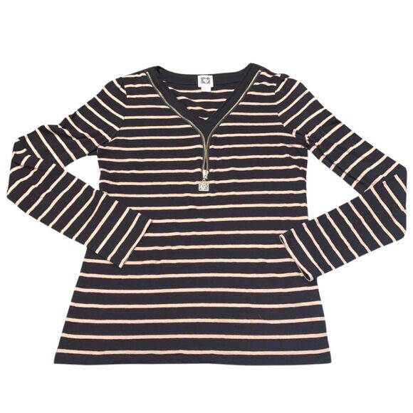 Anne Klein V-Neck Zip Front Long Sleeve Top Tan and Black Stripe Sweater Size S - Picture 8 of 10